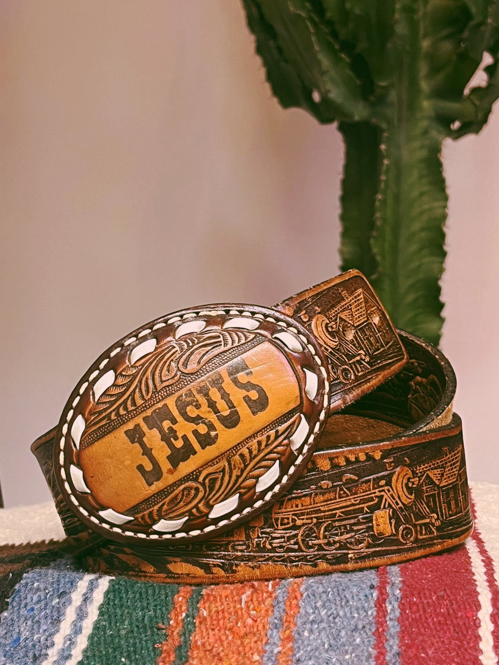 Hand-Tooled "JESUS" Leather Belt Buckle