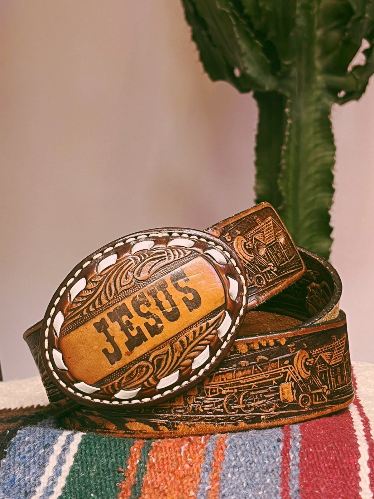 Hand-Tooled "JESUS" Leather Belt Buckle