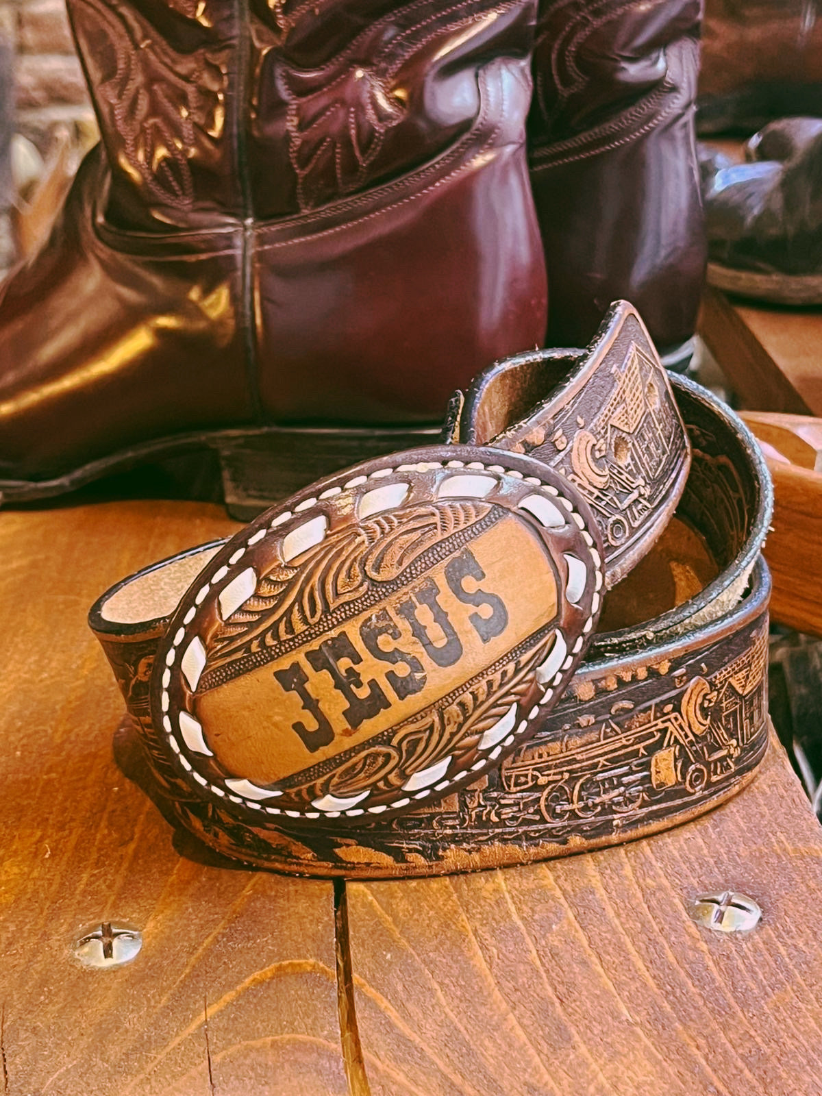 Hand-Tooled "JESUS" Leather Belt Buckle
