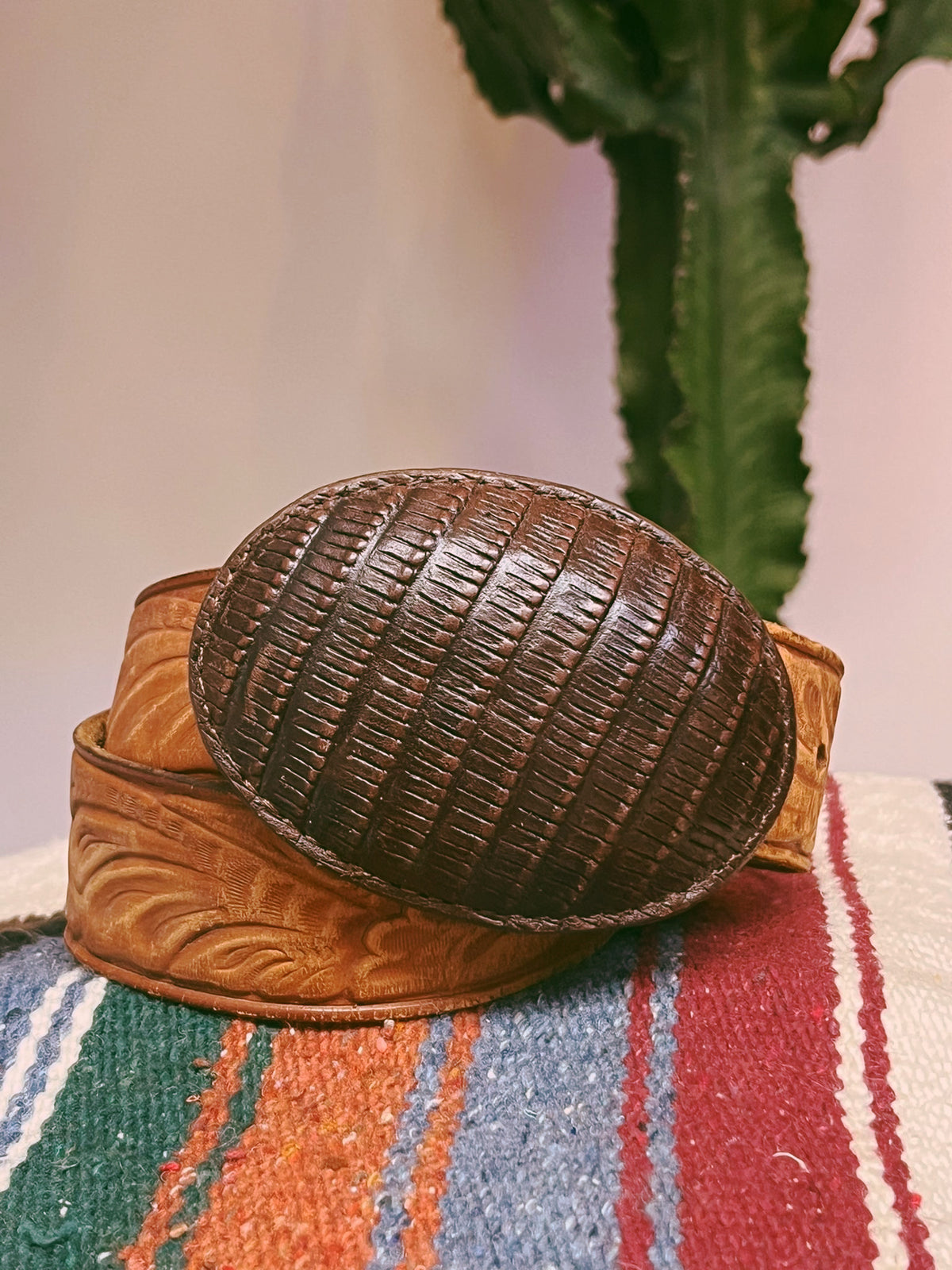 Vintage Leather Armadillo Shell Belt Buckle