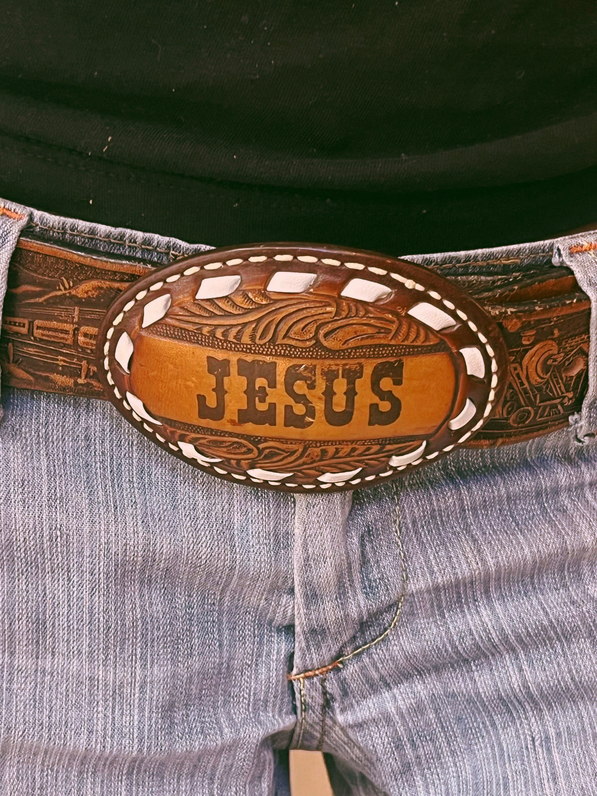 Hand-Tooled "JESUS" Leather Belt Buckle