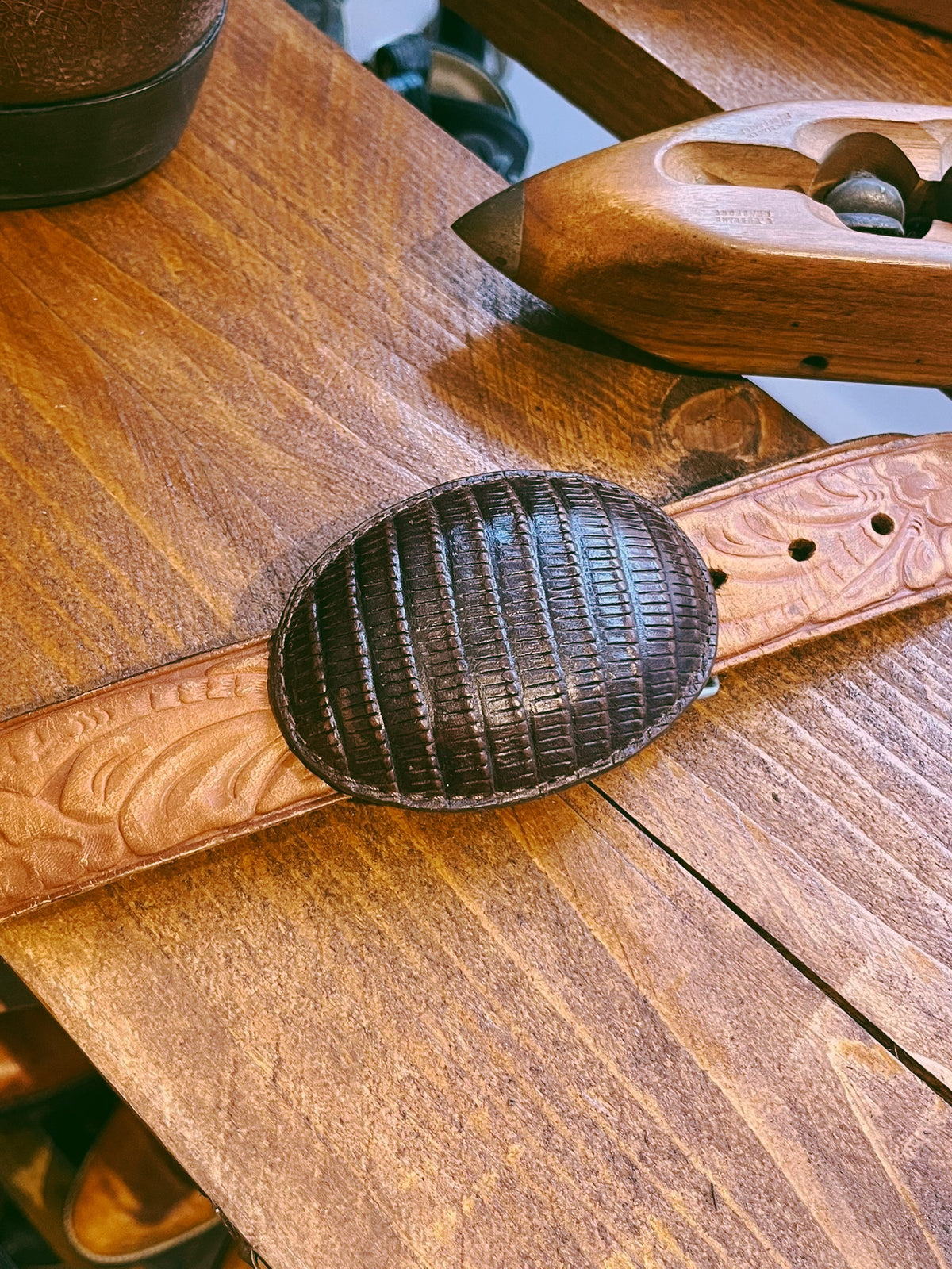 Vintage Leather Armadillo Shell Belt Buckle