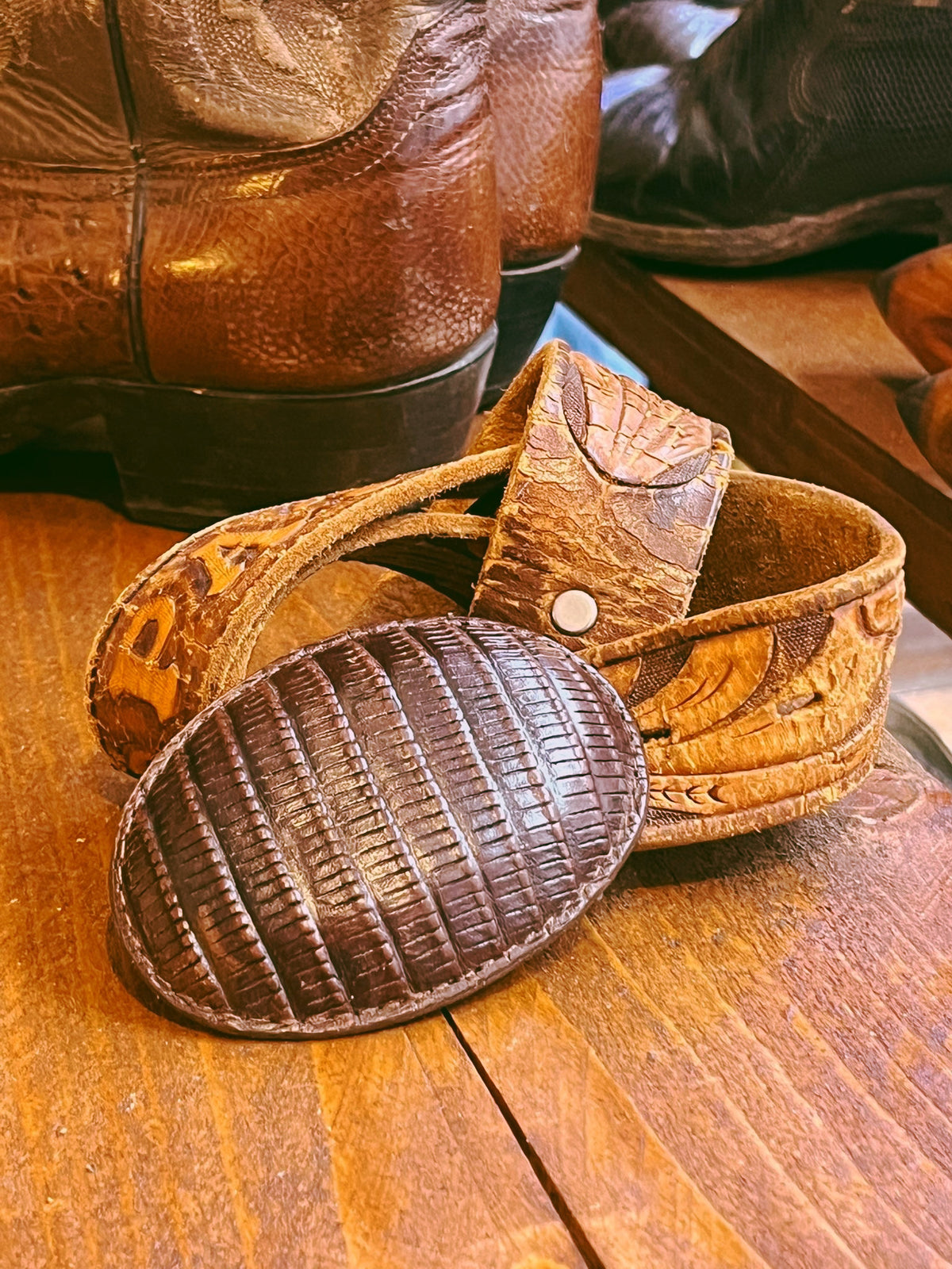 Vintage Leather Armadillo Shell Belt Buckle