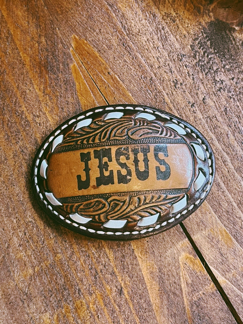 Hand-Tooled "JESUS" Leather Belt Buckle