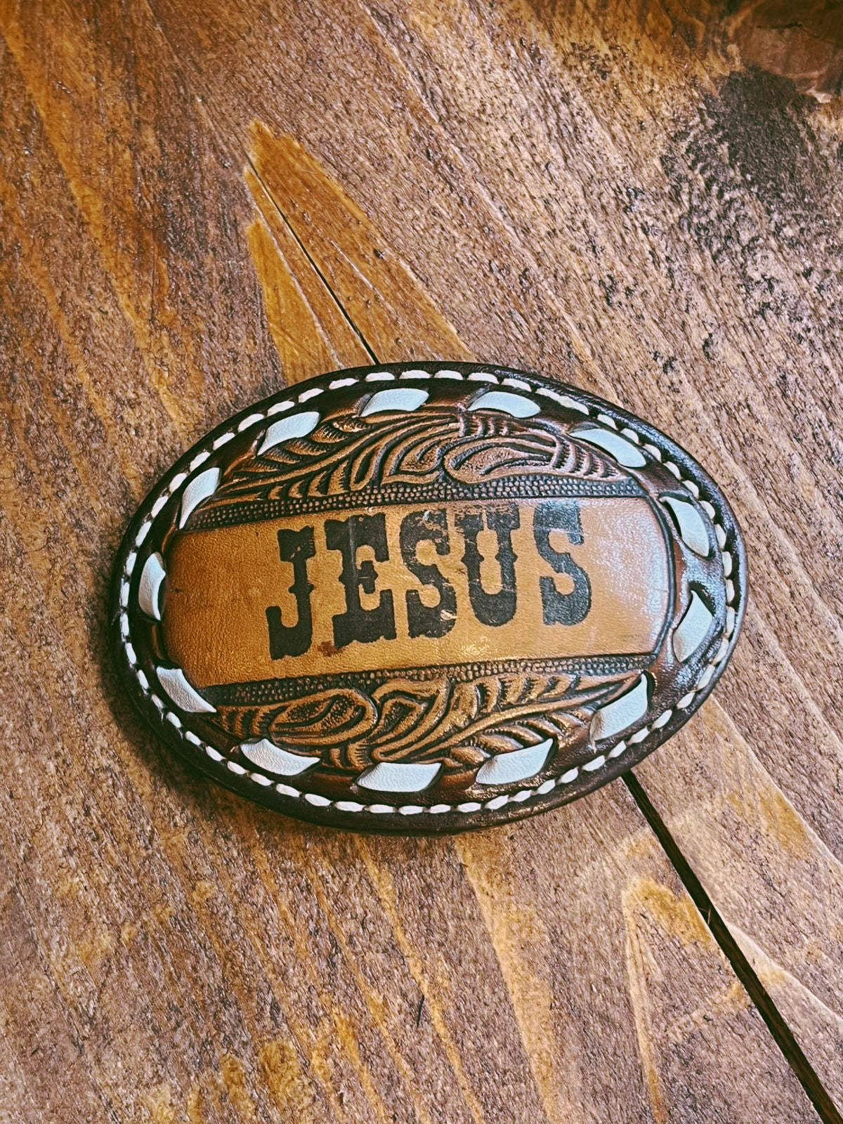 Hand-Tooled "JESUS" Leather Belt Buckle