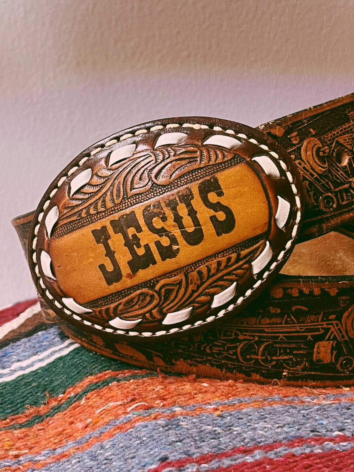 Hand-Tooled "JESUS" Leather Belt Buckle